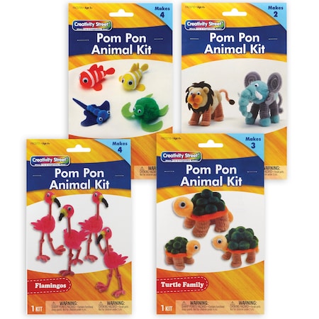 Creativity Street Pom Pon Animal Craft Kits, Ocean, Turtle, Flamingos, Lion & Elephant, 4 Kits PACACANMKIT1